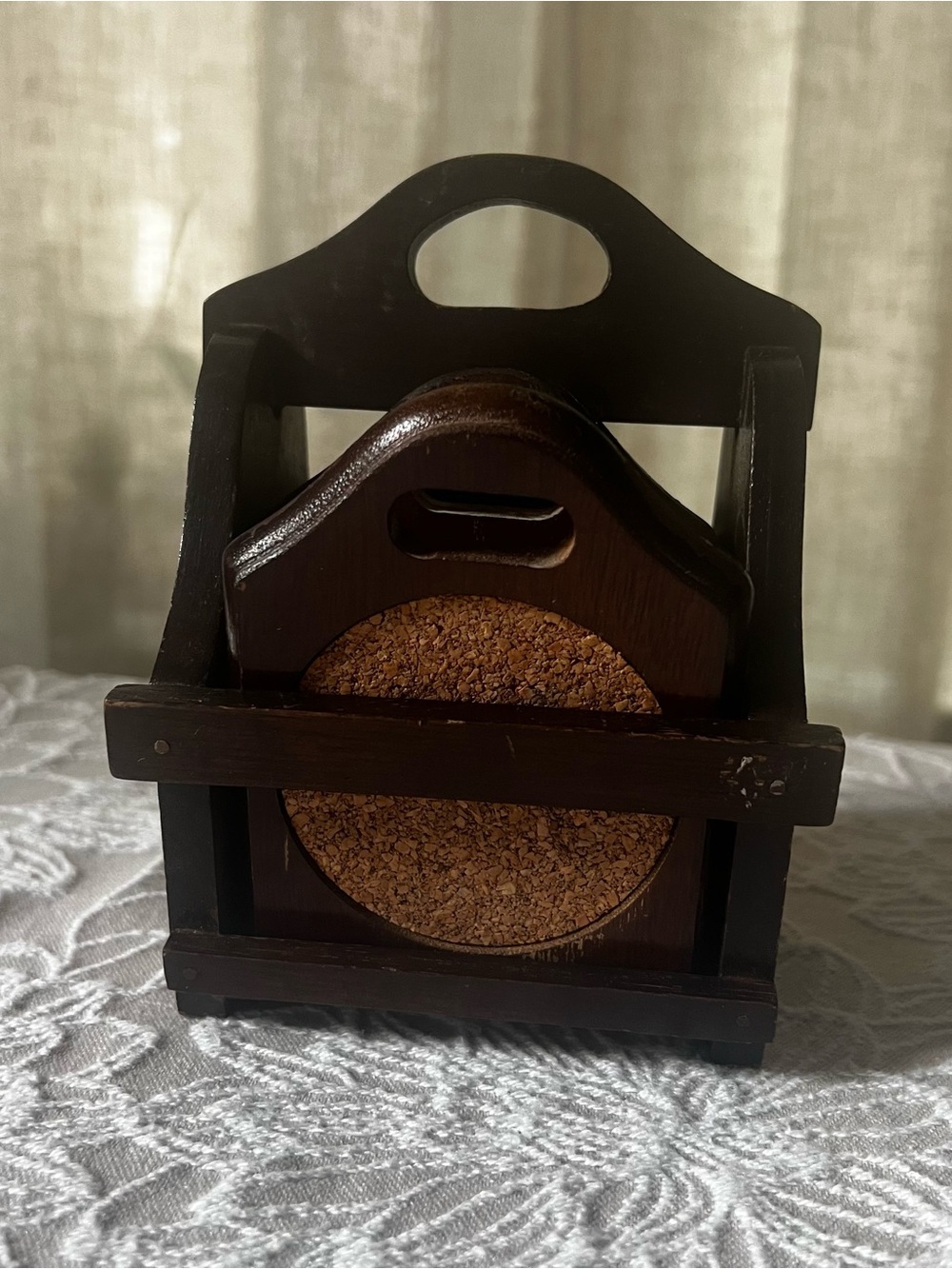 Vintage mcm Dark Brown Wooden Coaster Set with Holder